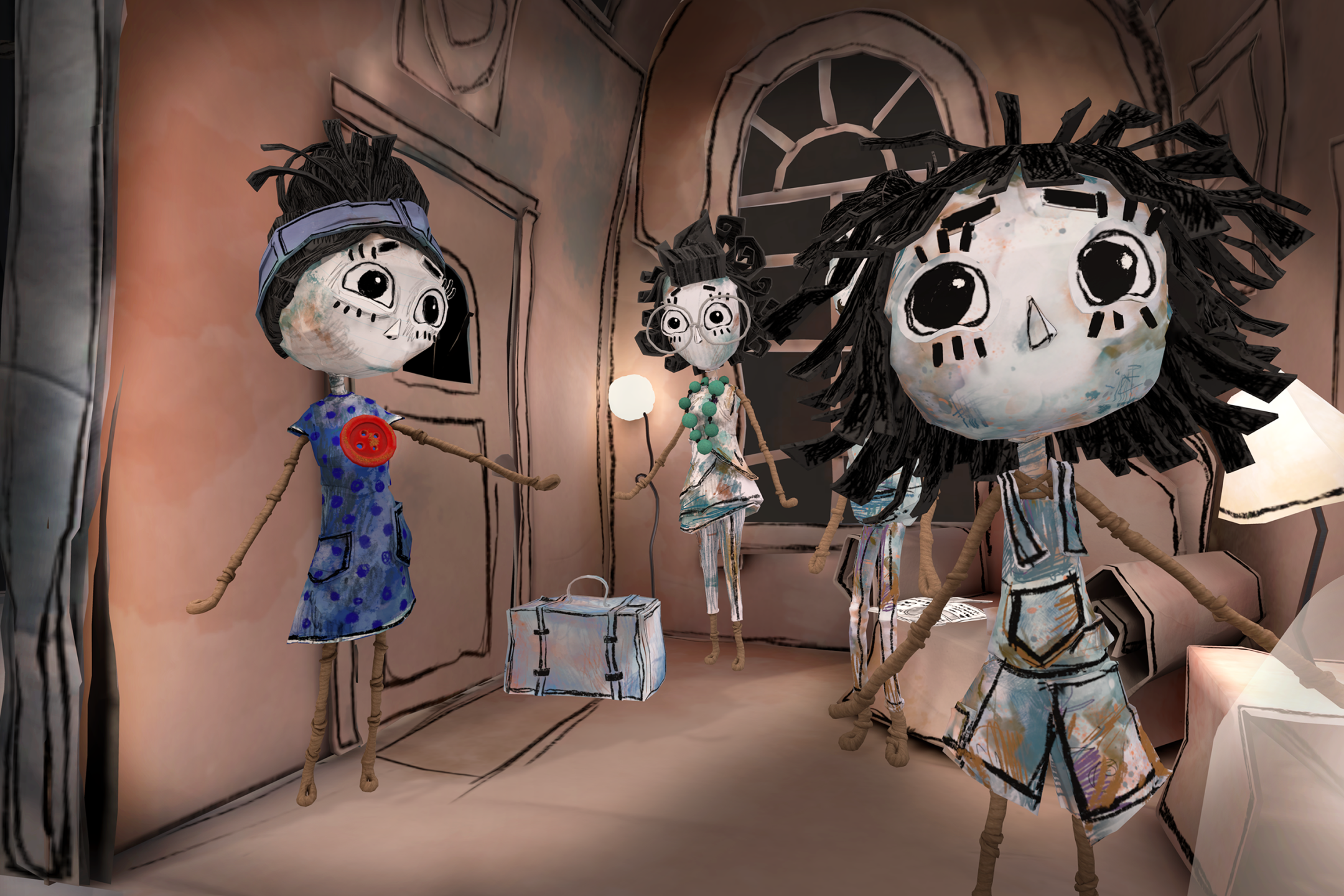 Drei abstrakte Figuren stehen in einem Raum