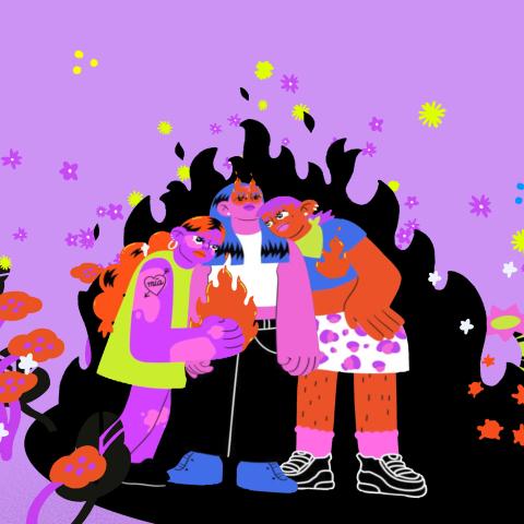 A purple-pink still from an animation film: Three people with punrple and brown-red skin colour can be seen in the middle. They stand close together and put their heads on the shoulder of the person in the middle.