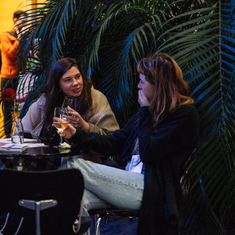 Two young women sit at a café table and talk intensively. In the background you can see a large plant. The atmosphere seems relaxed and cozy.