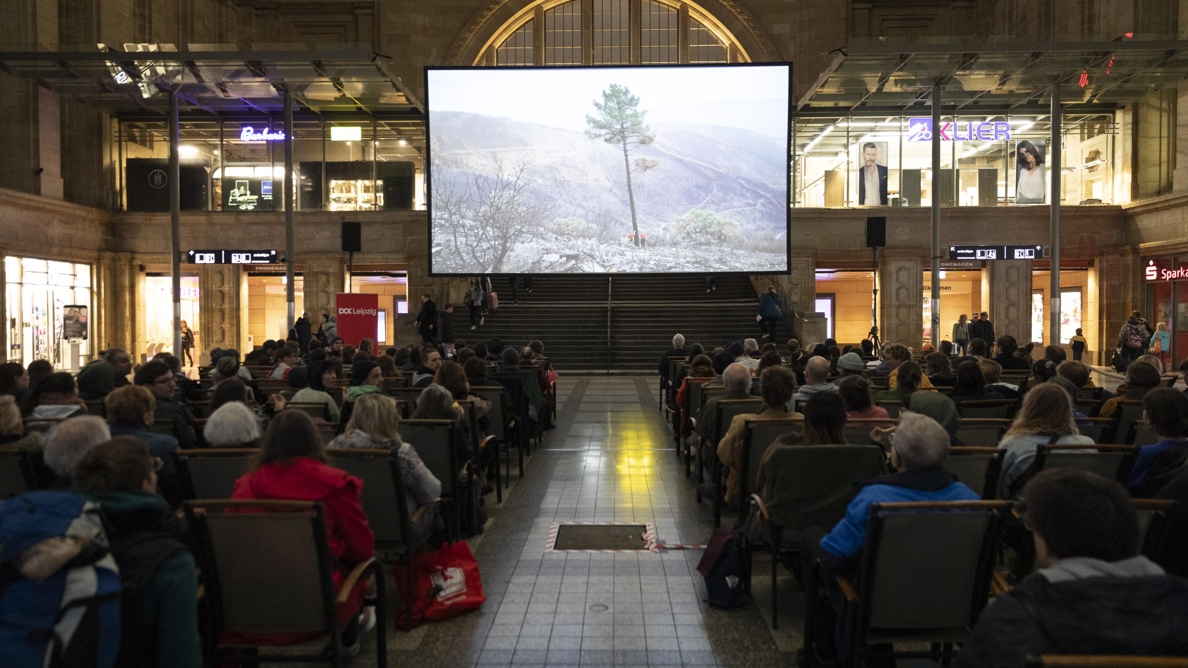 In der Osthalle des Leipziger Hauptbahnhofs sitzen Menschen in Sitzreihen und schauen auf eine große Leinwand, die von der Decke hängt. Auf der Leinwand ein Baum in einer kargen Landschaft.