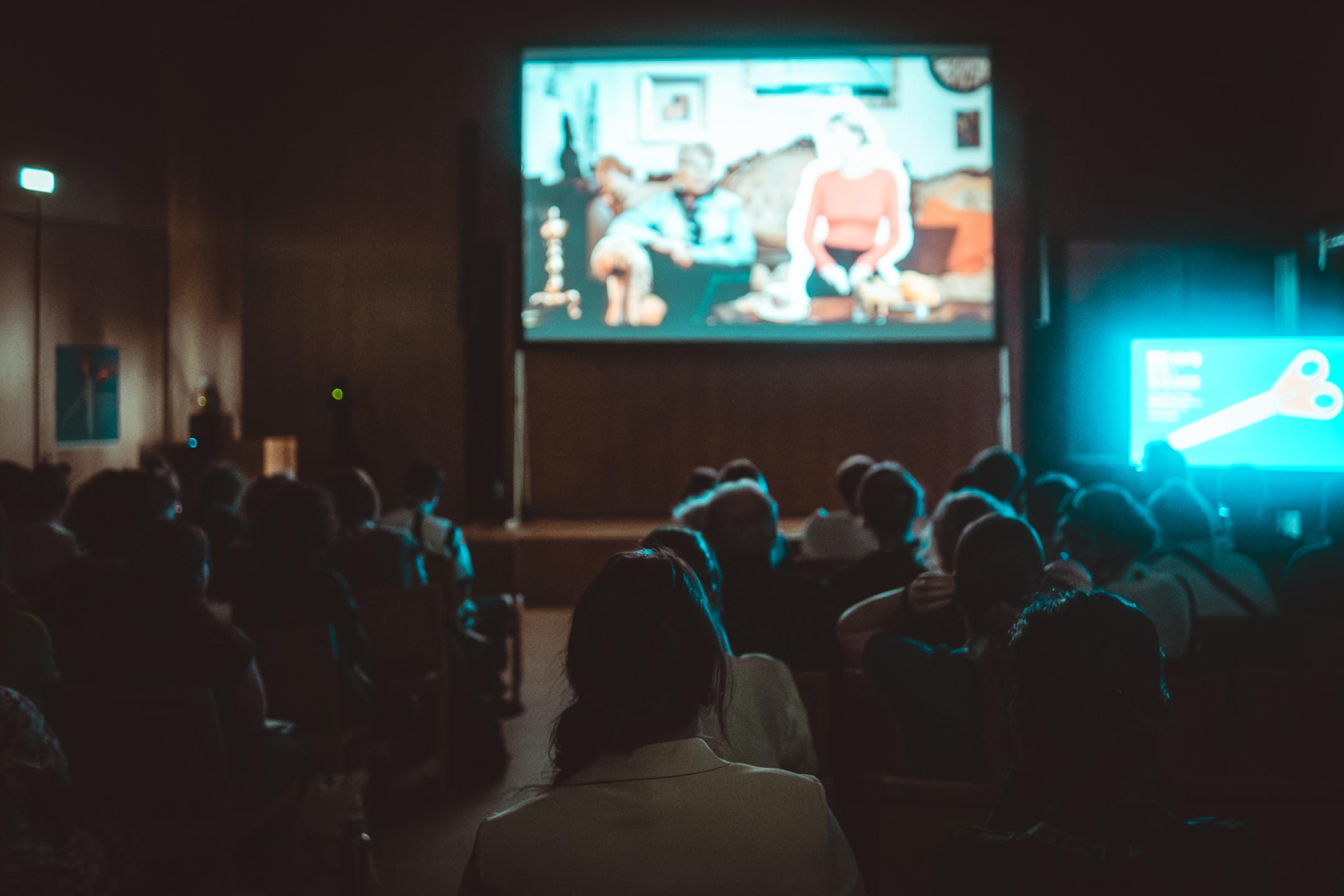 Audience in a screening room is watching a film on a big screen.