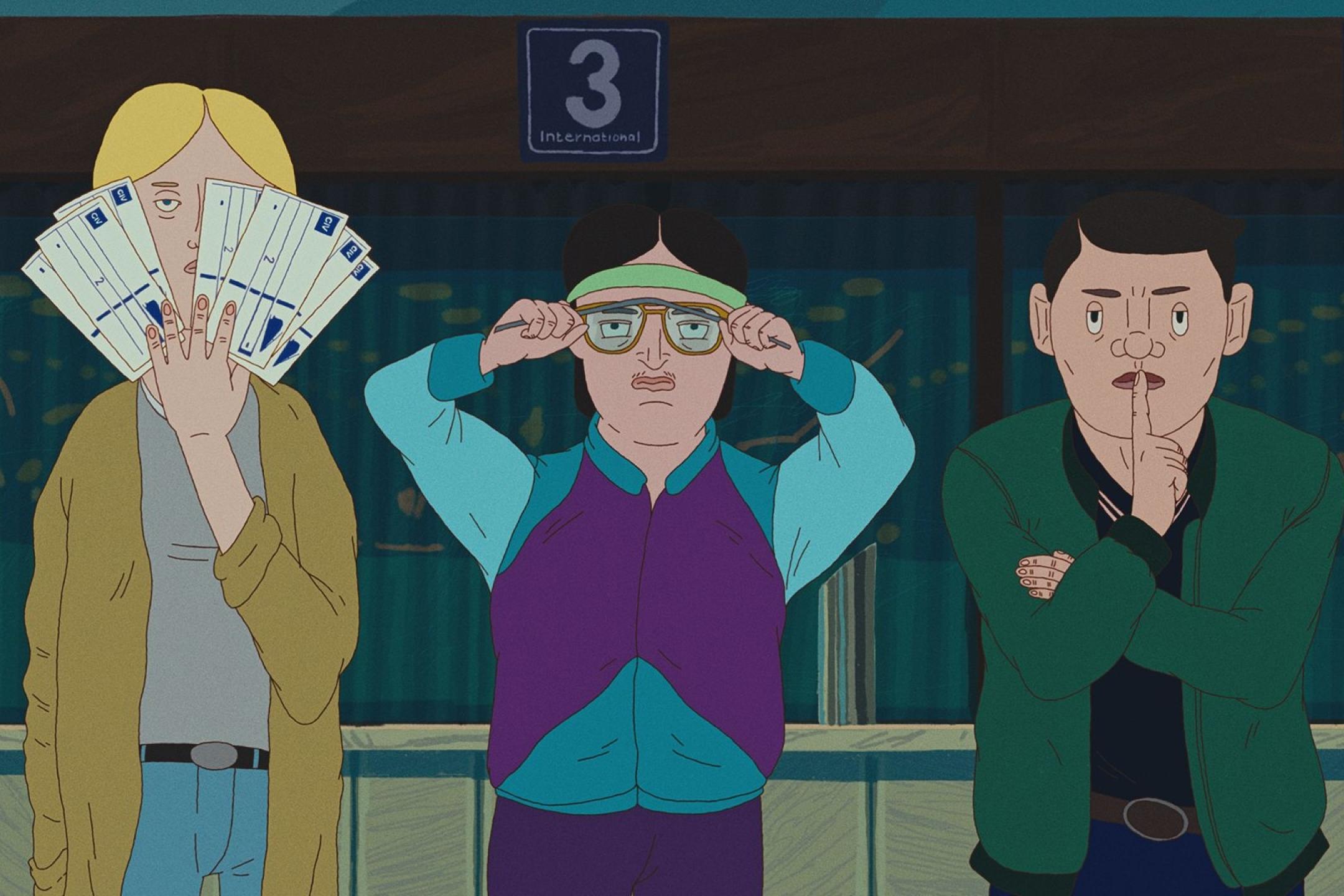 Three illustrated guys are standing at a train station. One is holding a bunch of tickets in front of his face, one adjusts his glasses and the third looks unimpressed with crossed arms