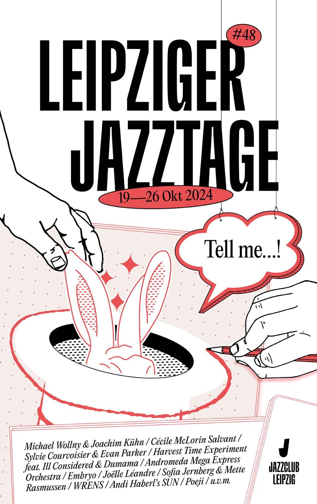 Banner der Leipziger Jazztage mit Illustrationen von Hasenohren in einem Hut