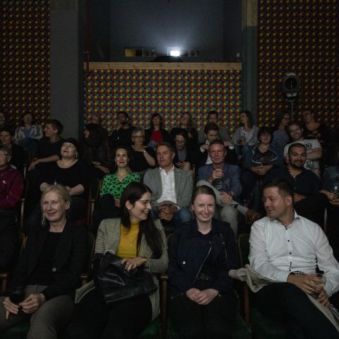 Voller Kinosaal aus Perspektive der Leinwand im Luru Kino während des Sommerfests von DOK Leipzig 2019.