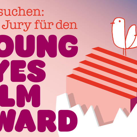 Textgrafik. Eine Taube sitzt auf einer Treppe, die aus einer Eierschale emporsteigt. Daneben der Text: Wir suchen eine Jury für den Young Eyes Film Award.