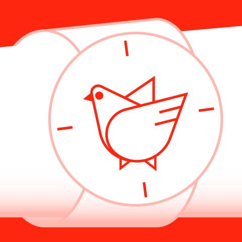 Illustration einer Armbanduhr. Statt Zeigern ist eine große Taube in der Mitte.