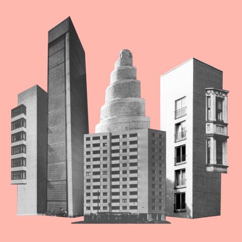 A collage of various buildings in grey on a pale pink background.