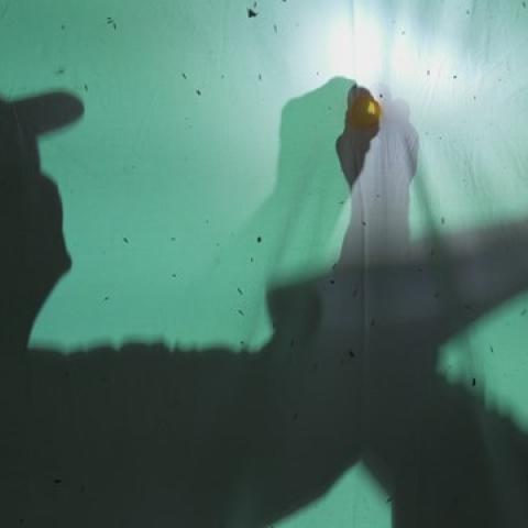 shadows of two persons on a green surface, a bright light in the middle