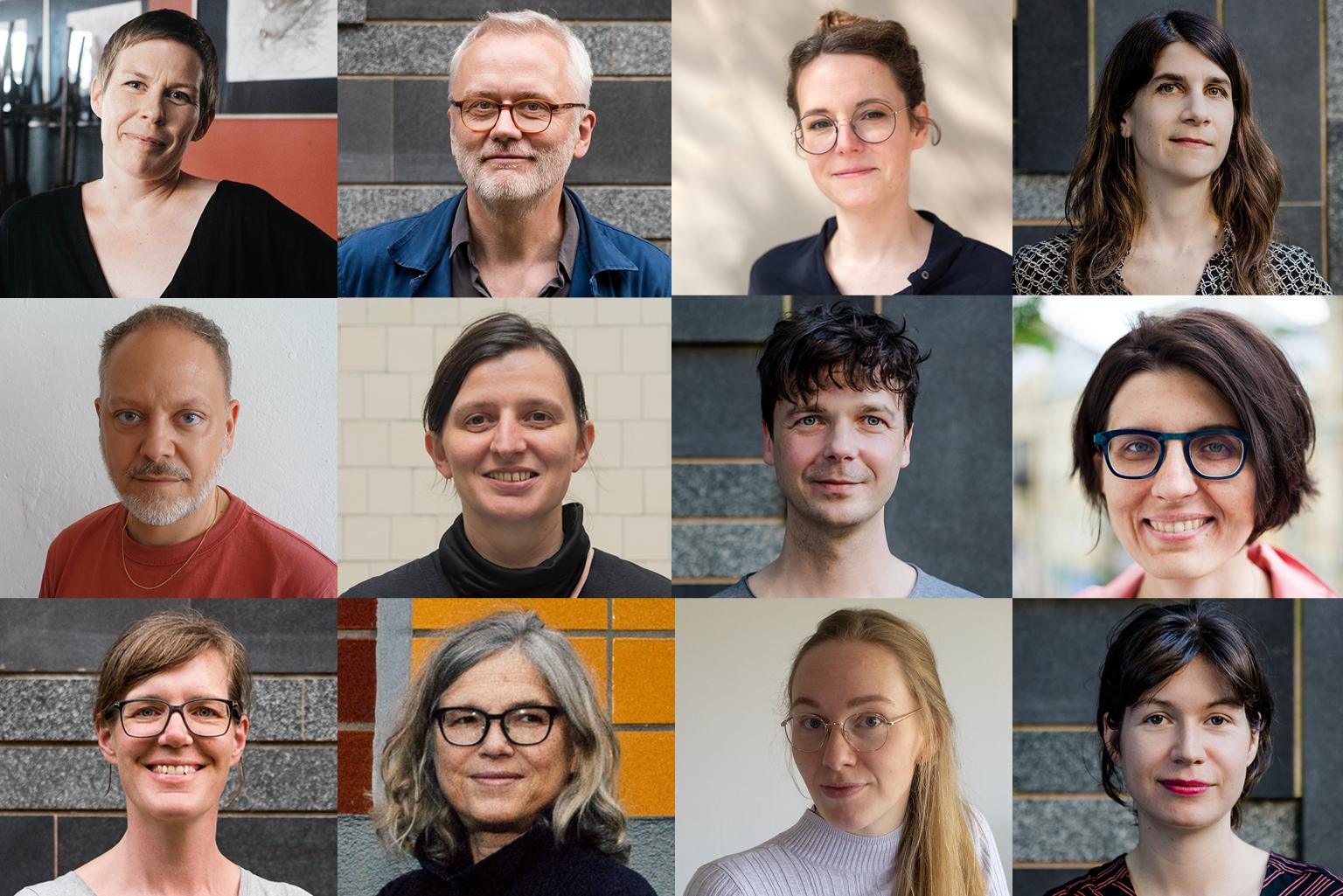 Eine Collage aus Porträtfotos von 12 Personen