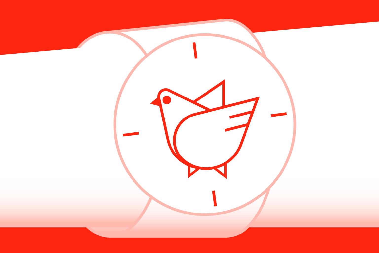 Illustration of a wrist watch. Instead of clock hands there is a white dove in the watch centre.