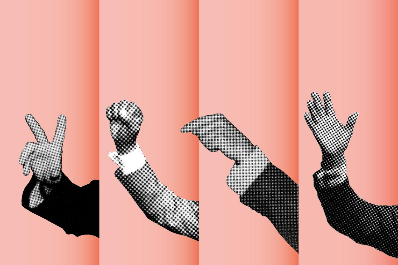 Collage with cut-outs of arms in black and white on an orange-pink background