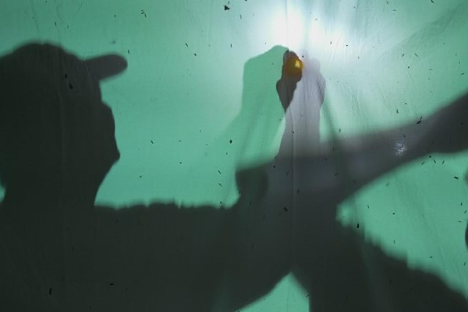 shadows of two persons on a green surface, a bright light in the middle