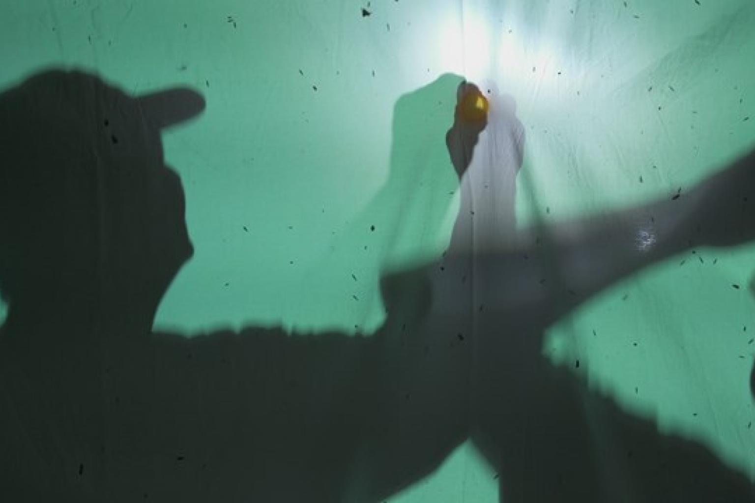 shadows of two persons on a green surface, a bright light in the middle