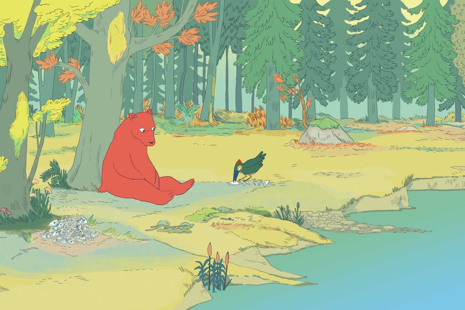 A red bear is sitting leaning against a tree and watches a green bird pick at a dead fisch. The landscape is a beautifully warm and yellow looking forest with a lake