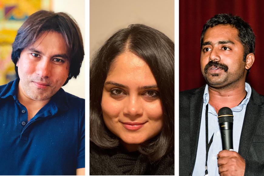 The three portraits of podcast moderator Sunil Sadarangani and guests Apoorva Bakshi and Selvamani Selvaraj 