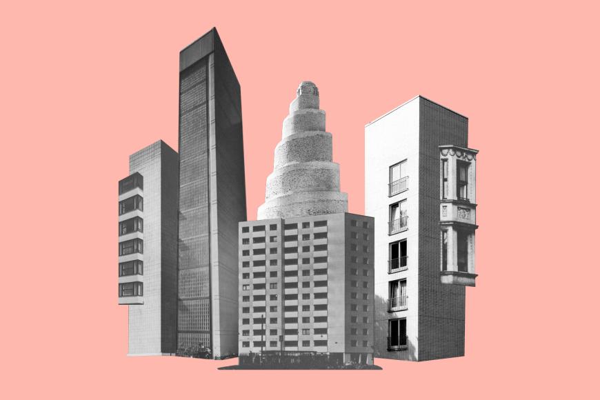 A collage of various buildings in grey on a pale pink background.