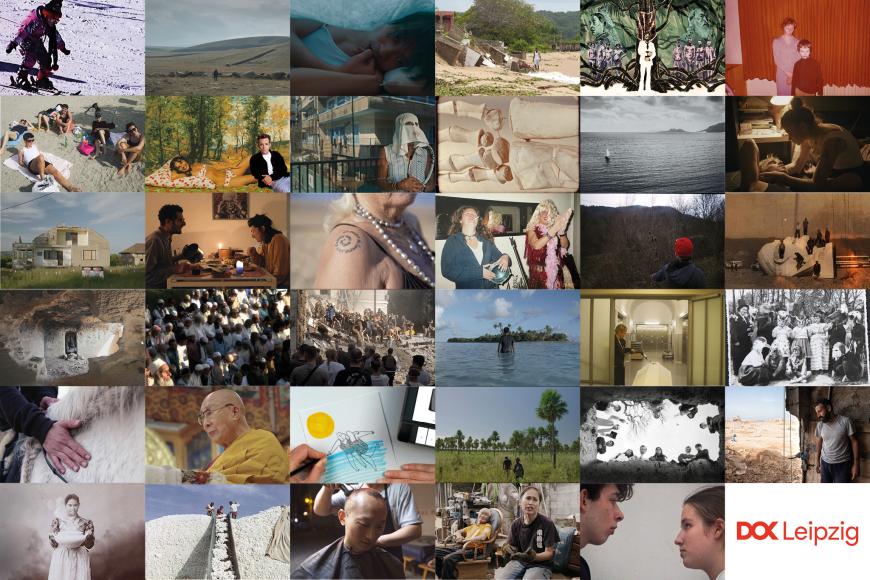 A collage of 35 film stills of all projects selected in the 2025 DOK Co-Pro Market